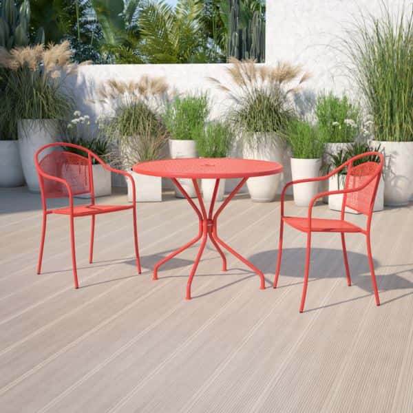 35.25" Round Coral Indoor-Outdoor Steel Patio Table-Umbrella Hole-Restaurant